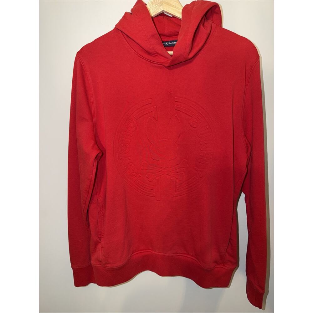 Psycho Bunny Men's Pop Over Pullover Red Embossed Hoodie Sweater Size Small